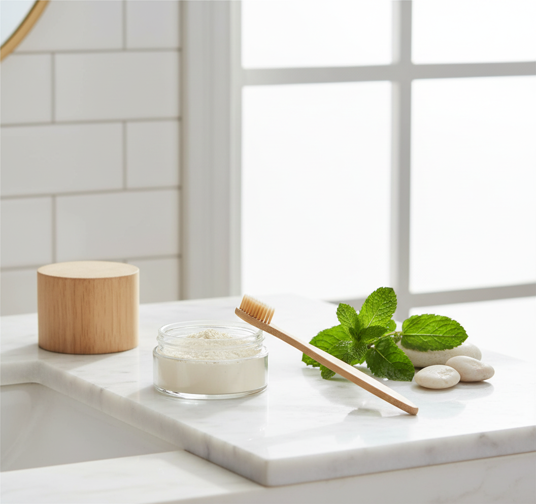 All-Natural Tooth Powder in eco-friendly setting